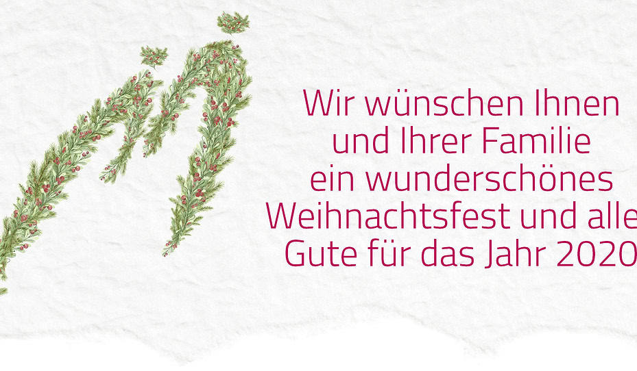 Stilisierte Weihnachtsbaumzweige bilden den Buchstaben „M“ neben einem deutschen Text, der ein wunderschönes Weihnachtsfest und ein erfolgreiches Jahr 2020 wünscht.