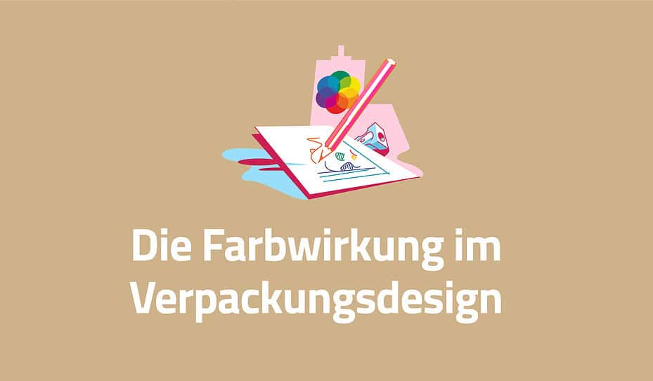 Eine Illustration eines Bleistifts, einer Farbpalette und einer Zeichnung mit dem deutschen Text Die Farbwirkung im Verpackungsdesign auf einem beigen Hintergrund als automatisch gespeicherter Entwurf.