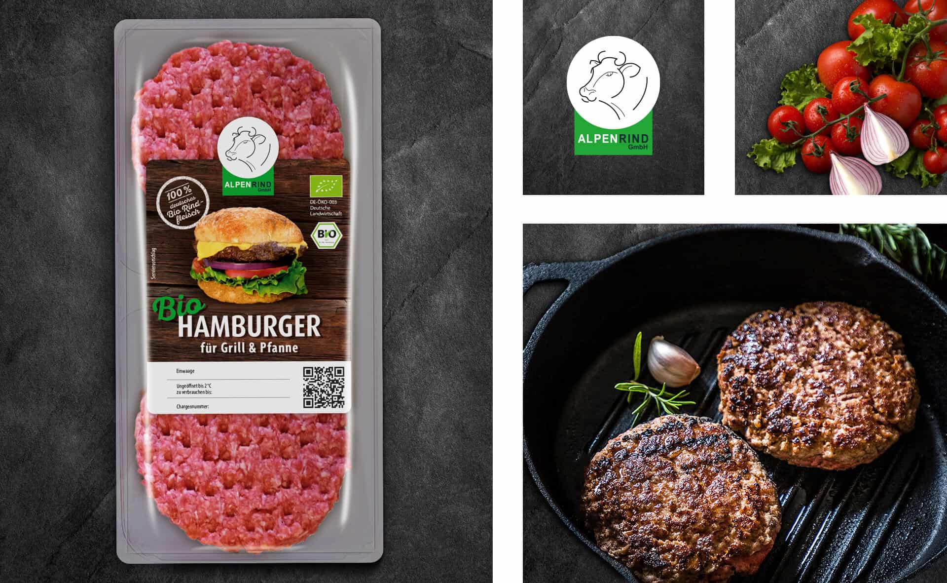 Abgepackte rohe Hamburger-Patties mit der Aufschrift „Bio Hamburger“ neben in einer Pfanne gebratenen Patties, als Zutaten werden frische Tomaten, Knoblauch und Kräuter angezeigt.