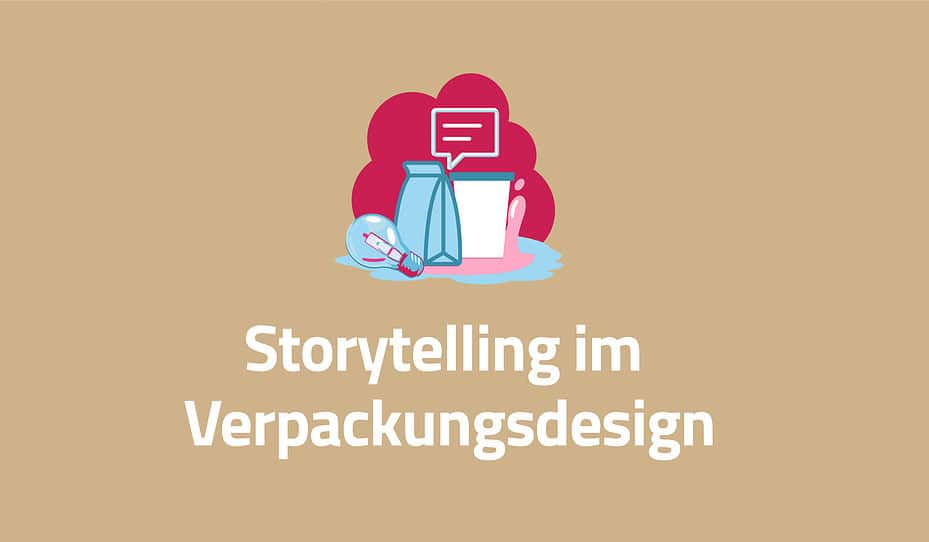 Illustration verpackter Produkte mit einer Sprechblase darüber, mit dem deutschen Text „Storytelling im Verpackungsdesign und automatisch gespeicherter Entwurf“ auf beigem Hintergrund.