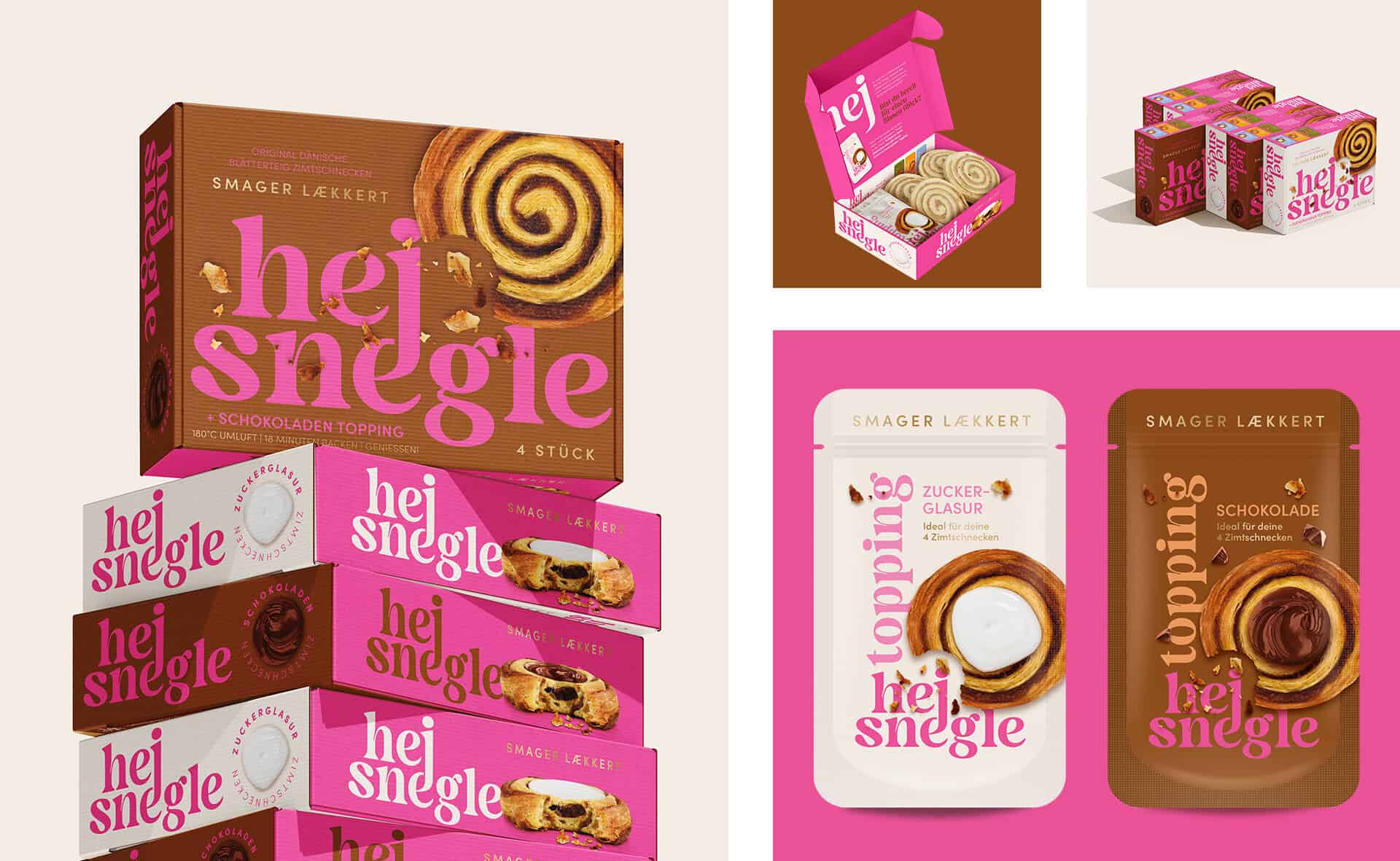 Eine Vielzahl von Gebäckverpackungen der Marke Hej Snegle, darunter Schachteln und Beutel, präsentiert in Braun- und Rosatönen mit Bildern von Gebäckwirbeln.