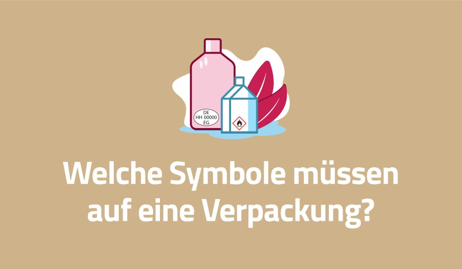 Illustration von zwei Flaschen, eine mit einem chemischen Gefahrensymbol und dem Text Welche Symbole müssen auf eine Verpackung? auf einem beigen Hintergrund. Hervorhebung gesetzlicher Anforderungen und wichtiger Verpackungssymbole im Verpackungsdesign.